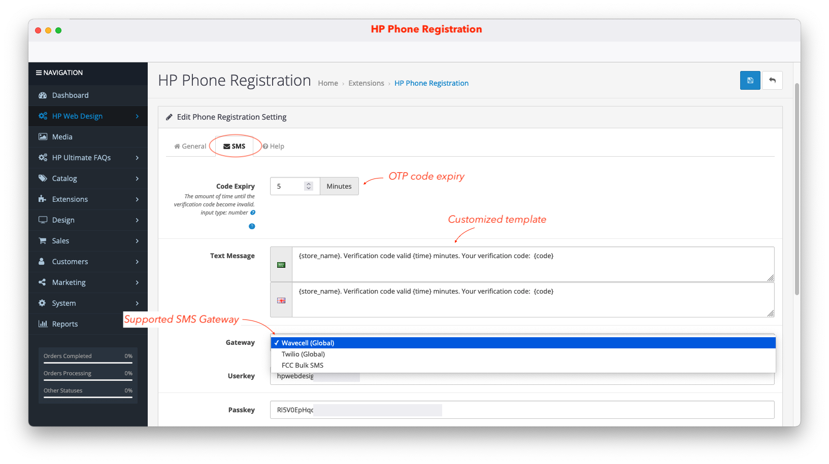 setting with customized template for login register otp opencart